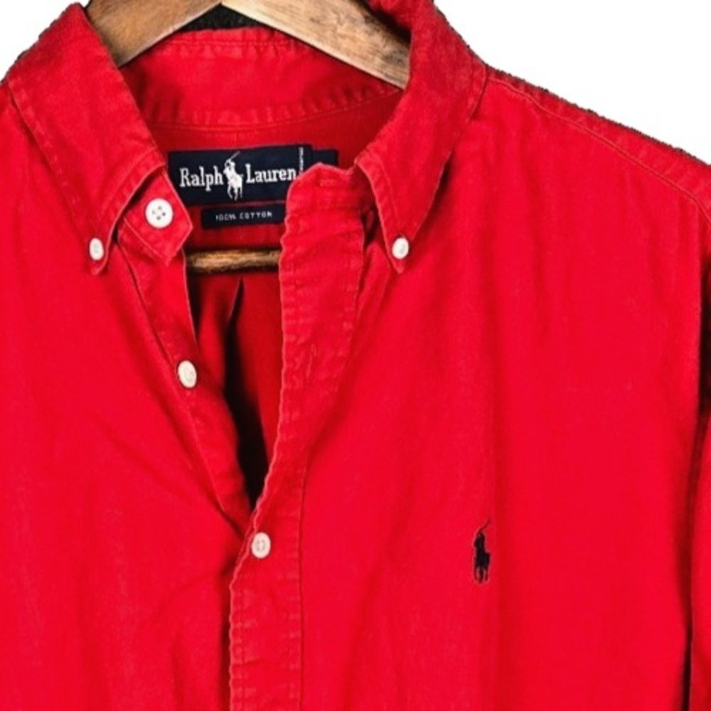 Vintage 90s Ralph Lauren Mens Large Red Pony Logo Twill Button Down Shirt L
